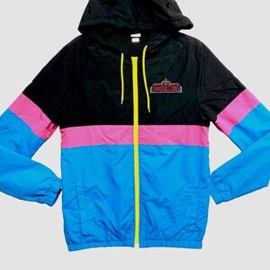 Universal Studios Rain Jacket Mens Small Blue Black Pink Hooded Color Block